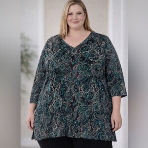 CATHERINES Paisley Print V-Neck Tunic Top Teal Black Size 5X